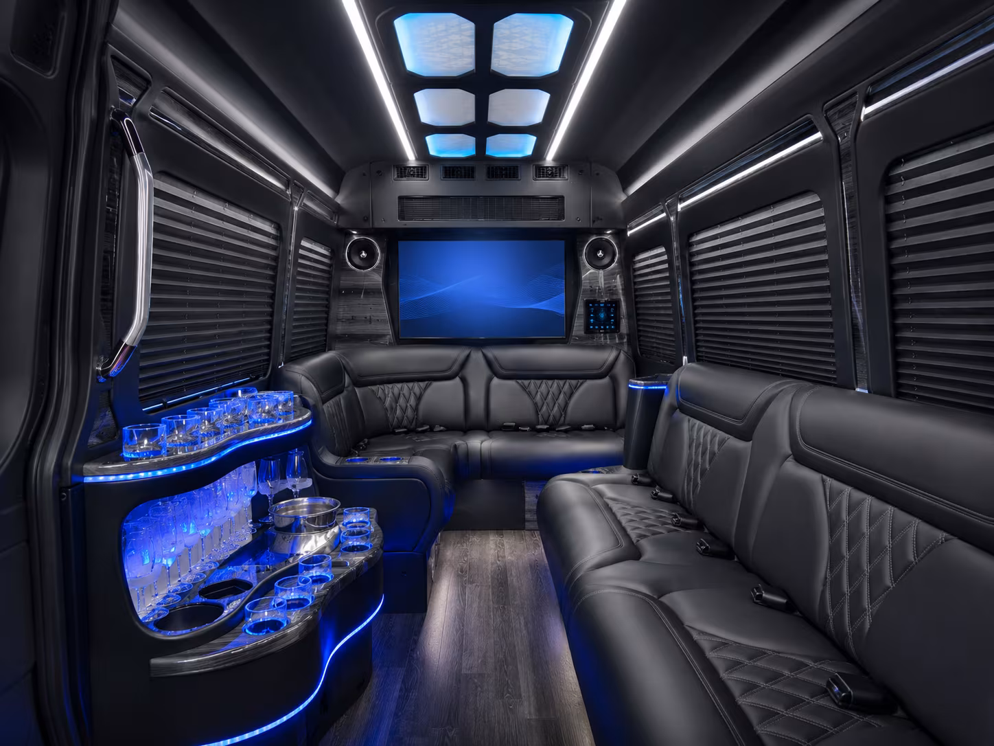 meridian 30 passenger party bus inside