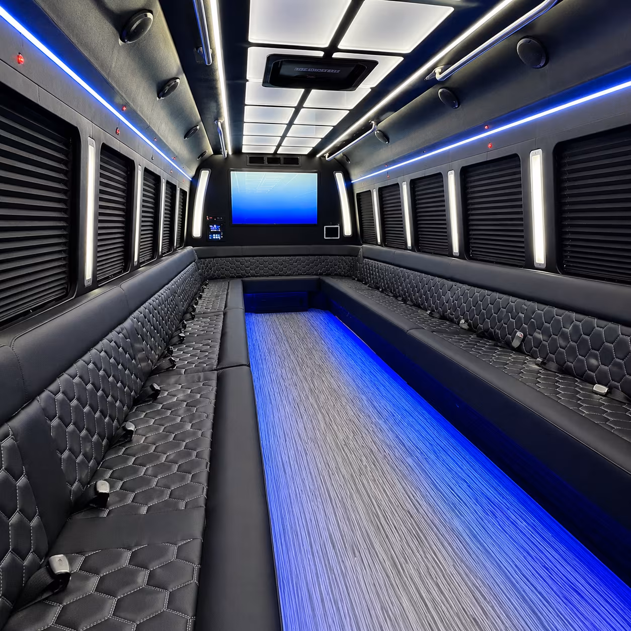 meridian 50 passenger party bus inside